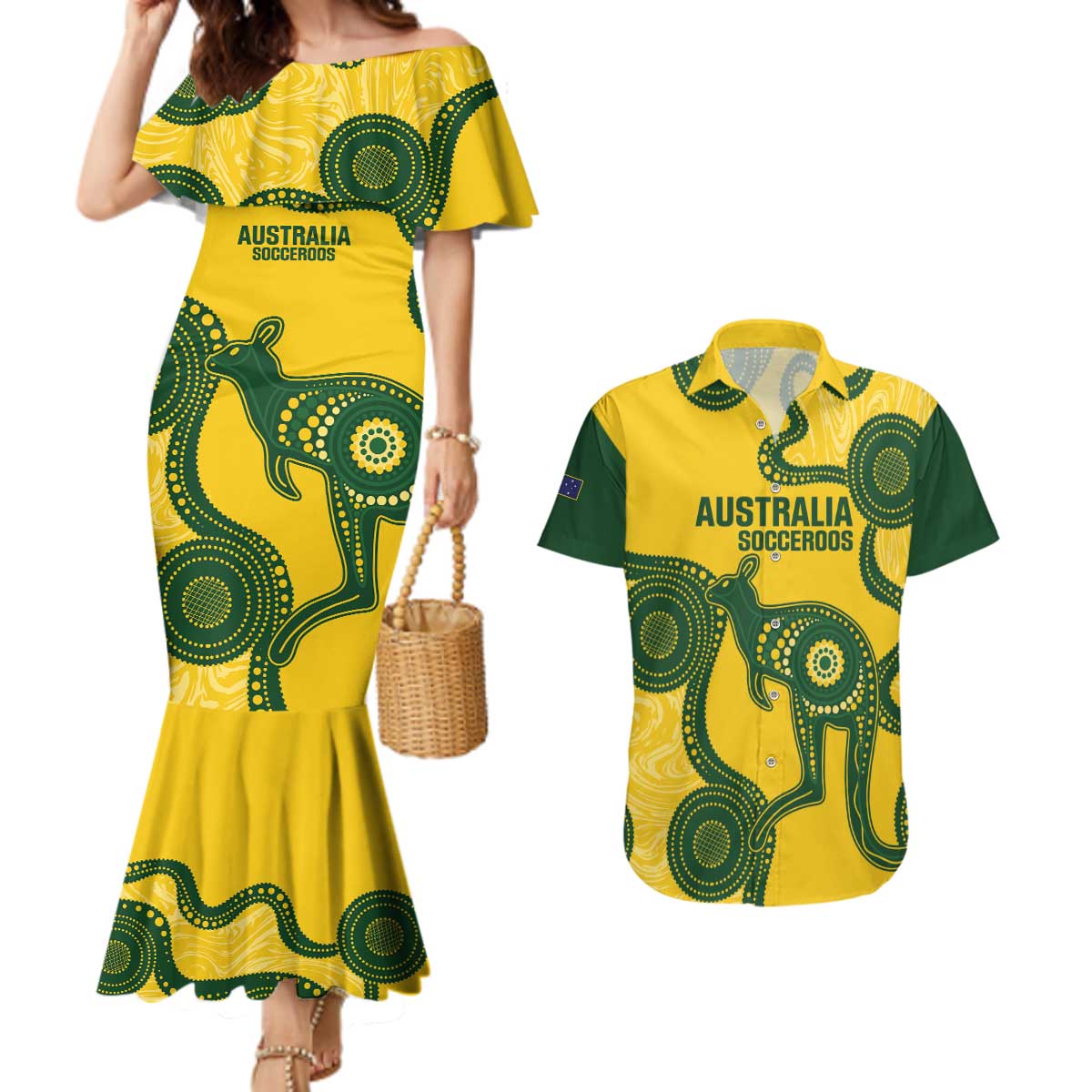 Custom Australia Soccer Couples Matching Mermaid Dress and Hawaiian Shirt Go Socceroos Kangaroo With Indigenous Art