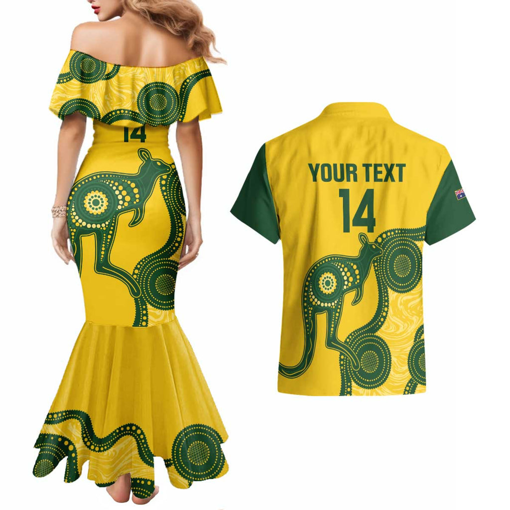 Custom Australia Soccer Couples Matching Mermaid Dress and Hawaiian Shirt Go Socceroos Kangaroo With Indigenous Art