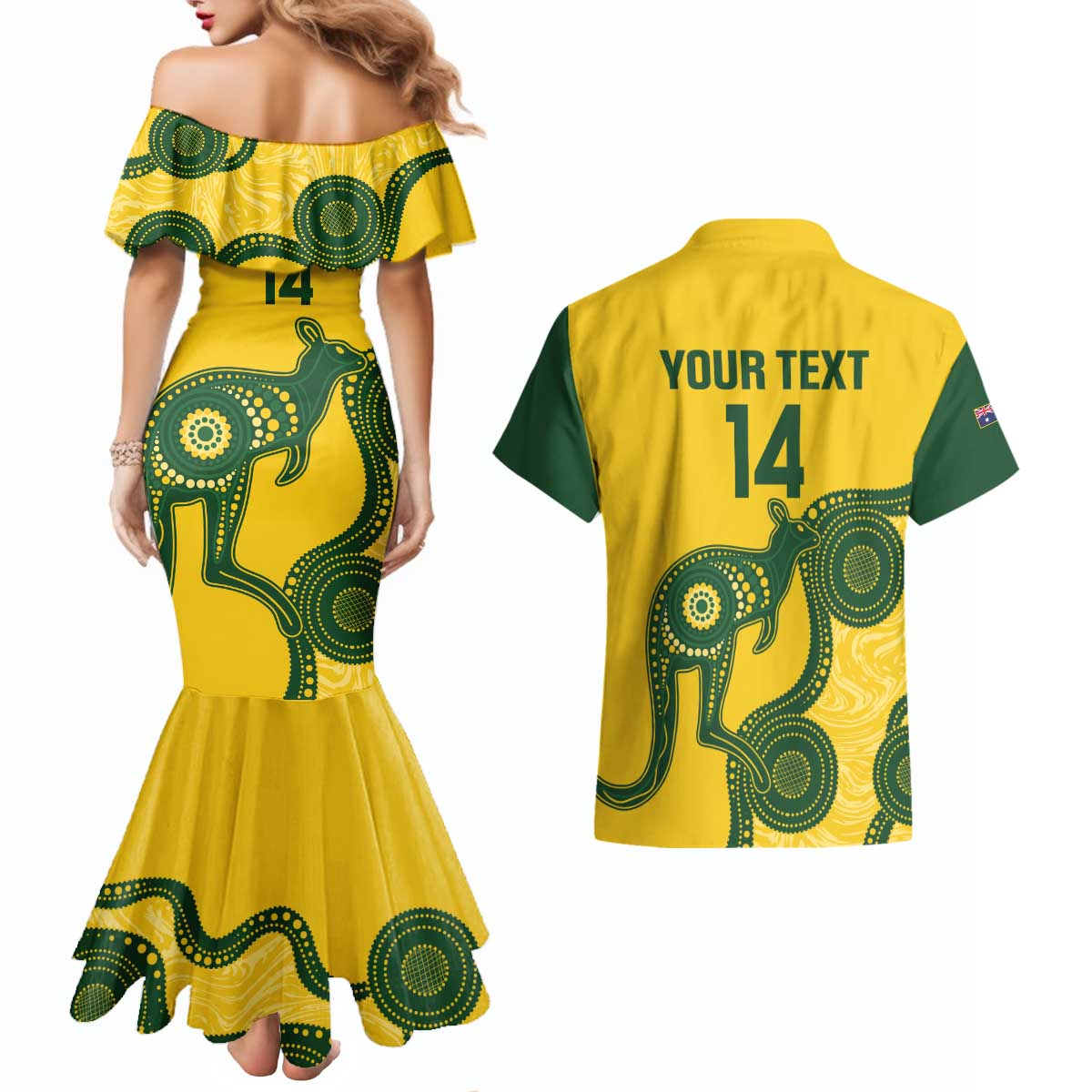 Custom Australia Soccer Couples Matching Mermaid Dress and Hawaiian Shirt Go Socceroos Kangaroo With Indigenous Art