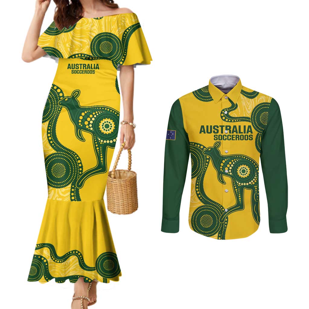 Custom Australia Soccer Couples Matching Mermaid Dress and Long Sleeve Button Shirt Go Socceroos Kangaroo With Indigenous Art