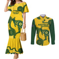 Custom Australia Soccer Couples Matching Mermaid Dress and Long Sleeve Button Shirt Go Socceroos Kangaroo With Indigenous Art