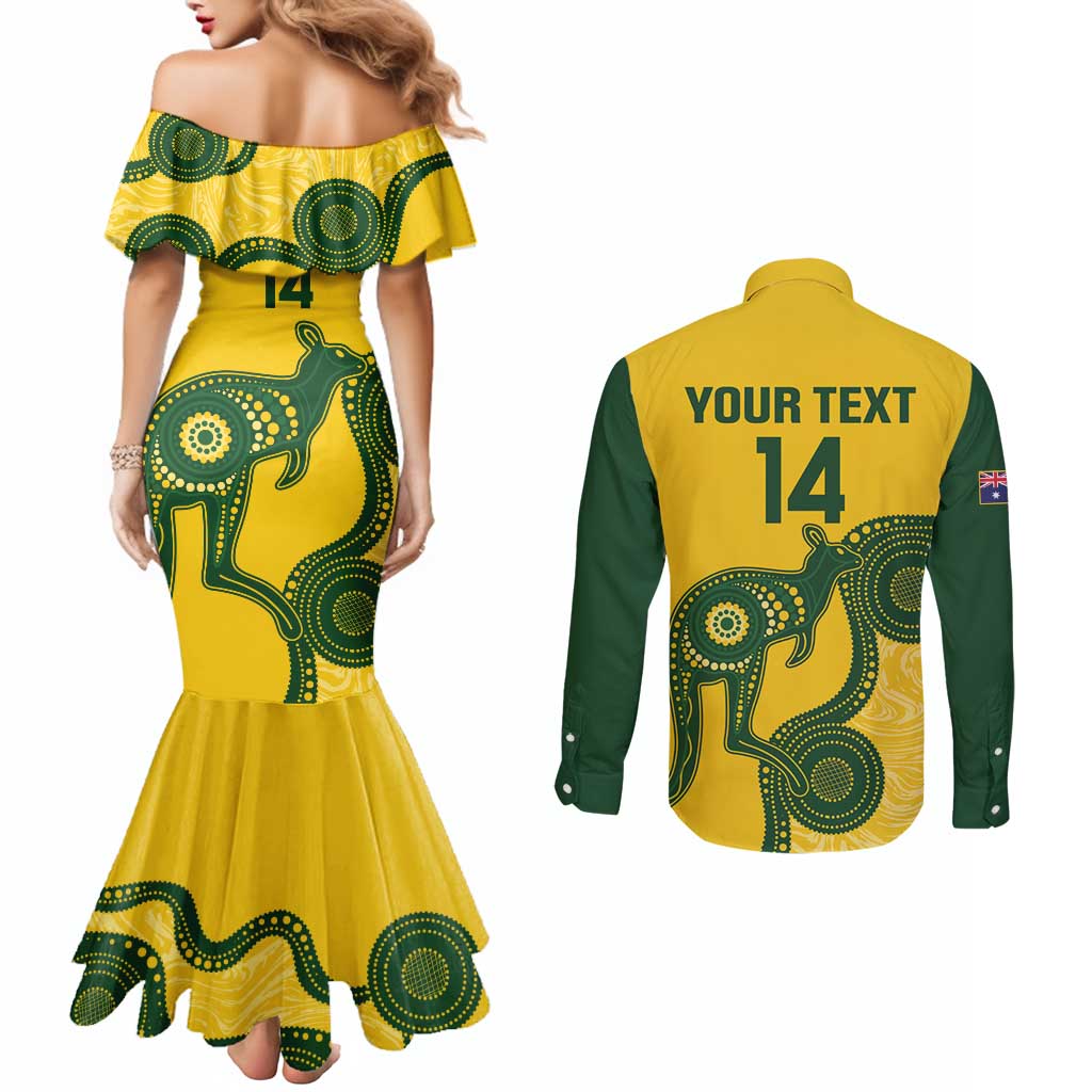 Custom Australia Soccer Couples Matching Mermaid Dress and Long Sleeve Button Shirt Go Socceroos Kangaroo With Indigenous Art
