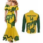 Custom Australia Soccer Couples Matching Mermaid Dress and Long Sleeve Button Shirt Go Socceroos Kangaroo With Indigenous Art