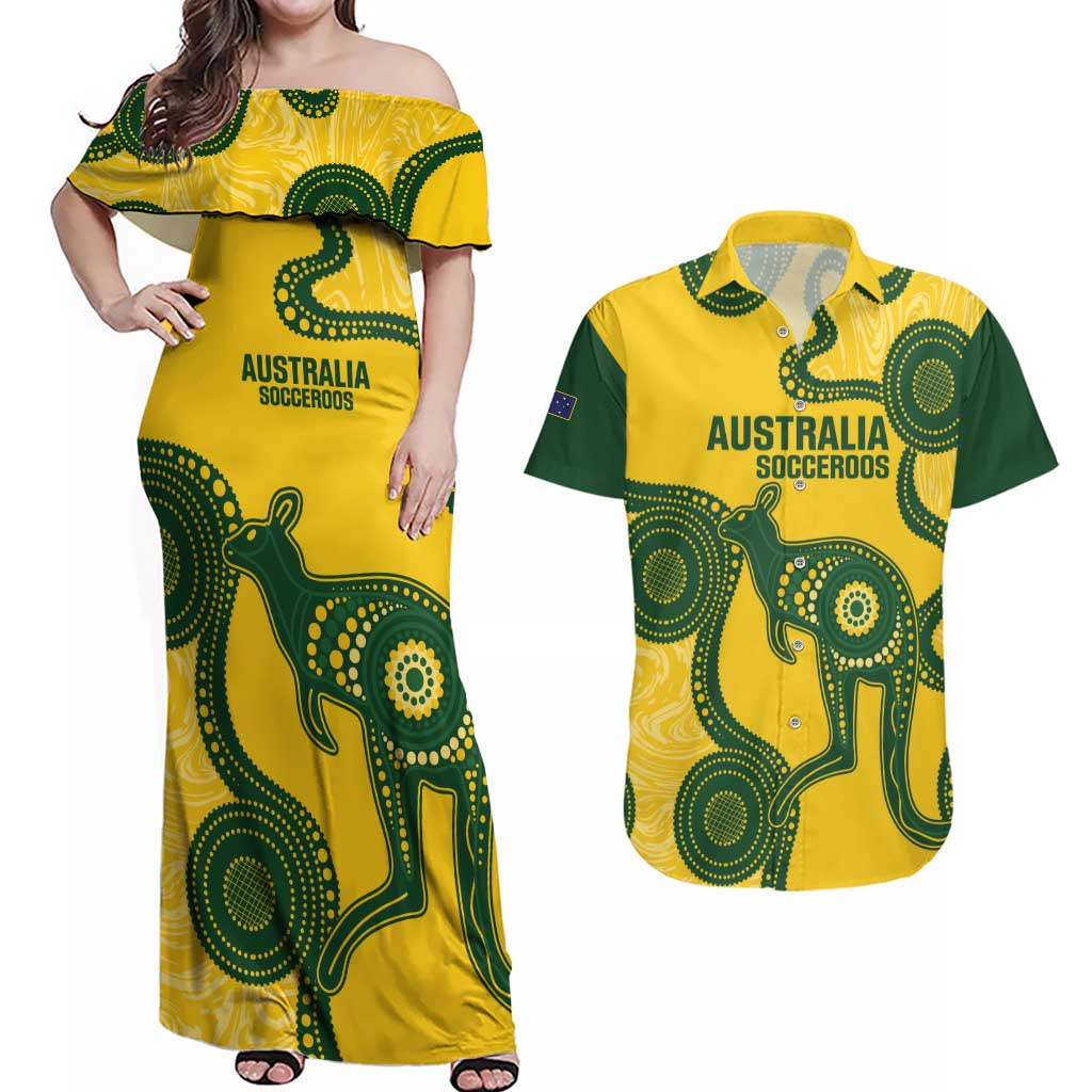Custom Australia Soccer Couples Matching Off Shoulder Maxi Dress and Hawaiian Shirt Go Socceroos Kangaroo With Indigenous Art