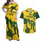 Custom Australia Soccer Couples Matching Off Shoulder Maxi Dress and Hawaiian Shirt Go Socceroos Kangaroo With Indigenous Art
