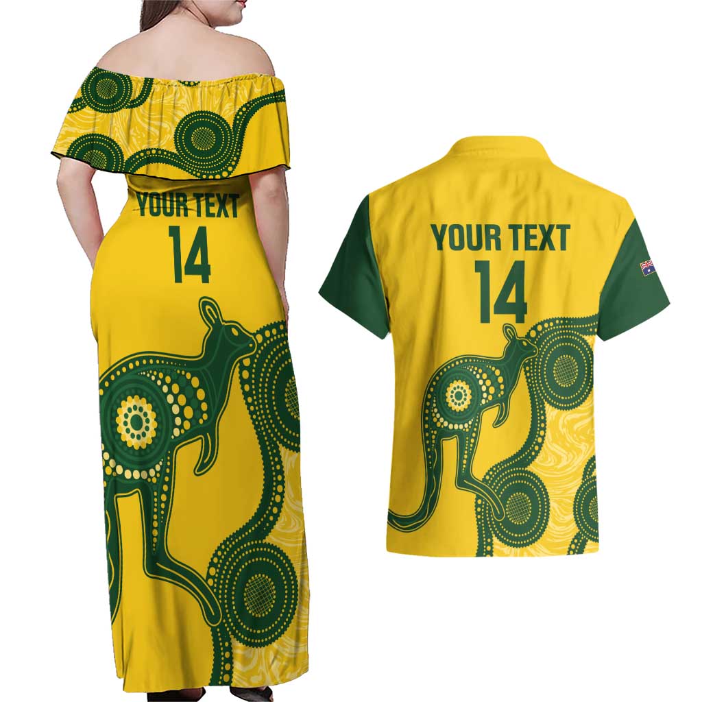 Custom Australia Soccer Couples Matching Off Shoulder Maxi Dress and Hawaiian Shirt Go Socceroos Kangaroo With Indigenous Art