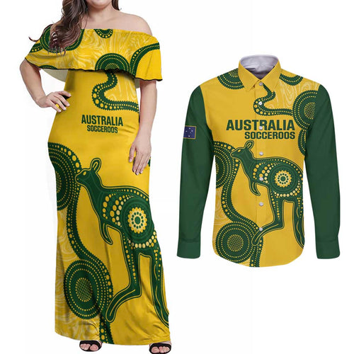 Custom Australia Soccer Couples Matching Off Shoulder Maxi Dress and Long Sleeve Button Shirt Go Socceroos Kangaroo With Indigenous Art
