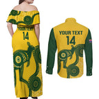 Custom Australia Soccer Couples Matching Off Shoulder Maxi Dress and Long Sleeve Button Shirt Go Socceroos Kangaroo With Indigenous Art