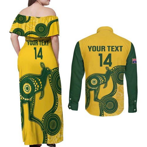 Custom Australia Soccer Couples Matching Off Shoulder Maxi Dress and Long Sleeve Button Shirt Go Socceroos Kangaroo With Indigenous Art