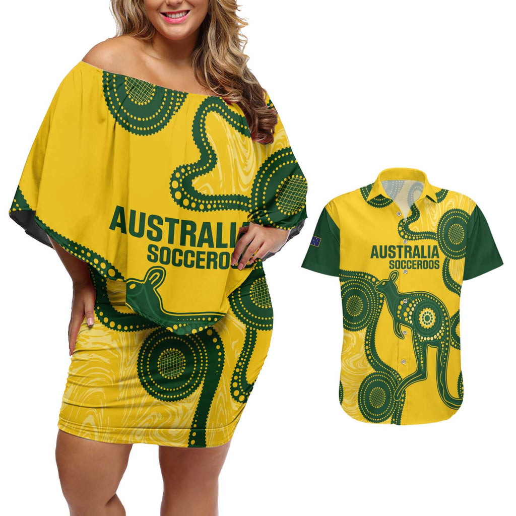 Custom Australia Soccer Couples Matching Off Shoulder Short Dress and Hawaiian Shirt Go Socceroos Kangaroo With Indigenous Art