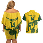 Custom Australia Soccer Couples Matching Off Shoulder Short Dress and Hawaiian Shirt Go Socceroos Kangaroo With Indigenous Art