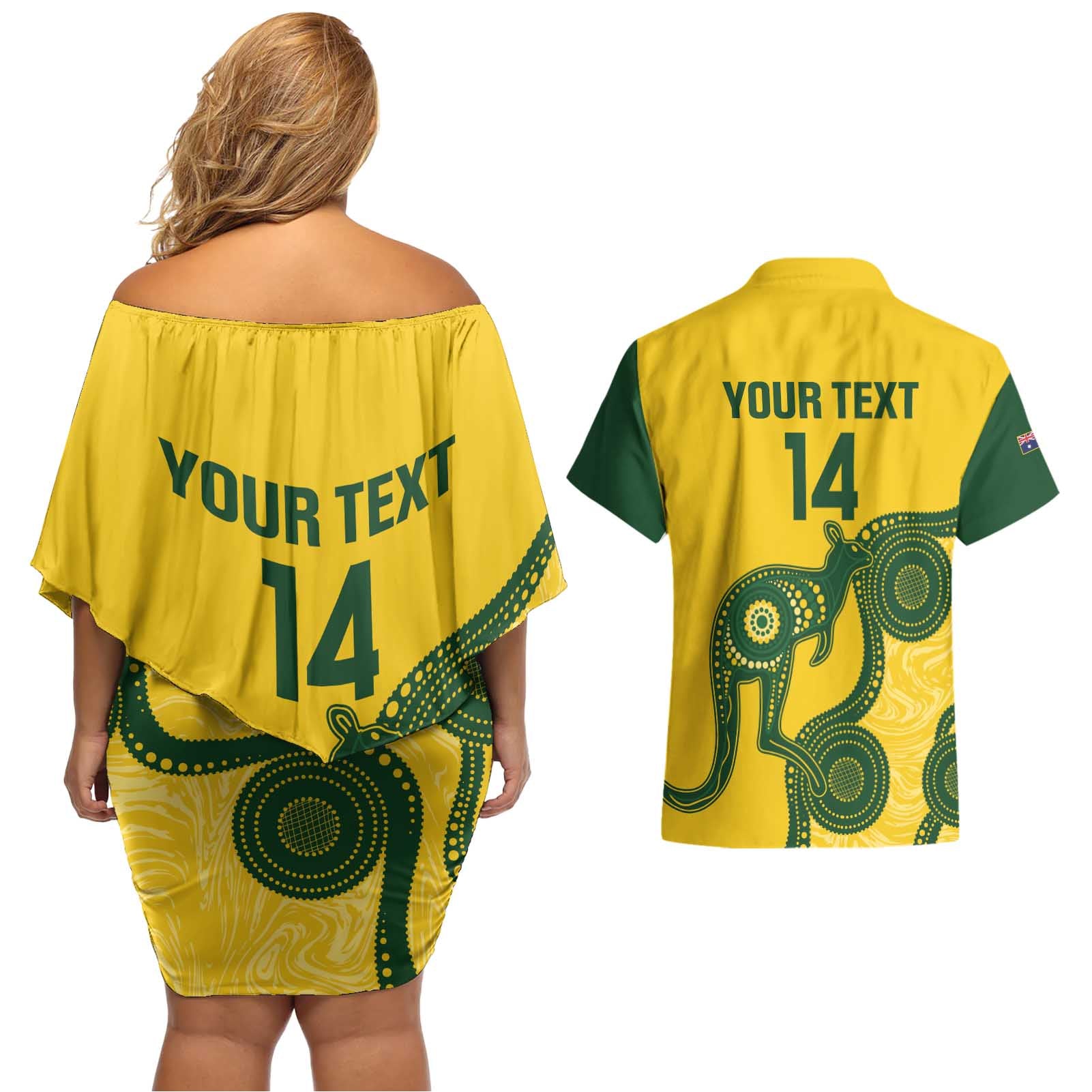 Custom Australia Soccer Couples Matching Off Shoulder Short Dress and Hawaiian Shirt Go Socceroos Kangaroo With Indigenous Art