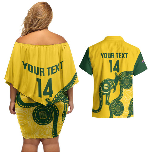 Custom Australia Soccer Couples Matching Off Shoulder Short Dress and Hawaiian Shirt Go Socceroos Kangaroo With Indigenous Art