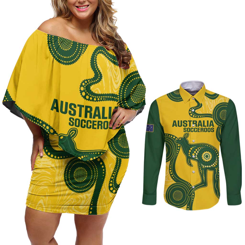 Custom Australia Soccer Couples Matching Off Shoulder Short Dress and Long Sleeve Button Shirt Go Socceroos Kangaroo With Indigenous Art