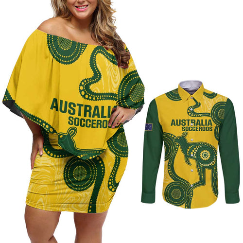Custom Australia Soccer Couples Matching Off Shoulder Short Dress and Long Sleeve Button Shirt Go Socceroos Kangaroo With Indigenous Art