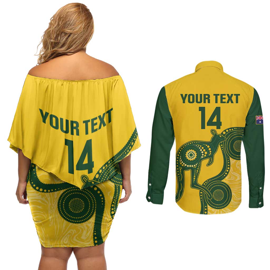 Custom Australia Soccer Couples Matching Off Shoulder Short Dress and Long Sleeve Button Shirt Go Socceroos Kangaroo With Indigenous Art