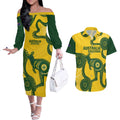 Custom Australia Soccer Couples Matching Off The Shoulder Long Sleeve Dress and Hawaiian Shirt Go Socceroos Kangaroo With Indigenous Art