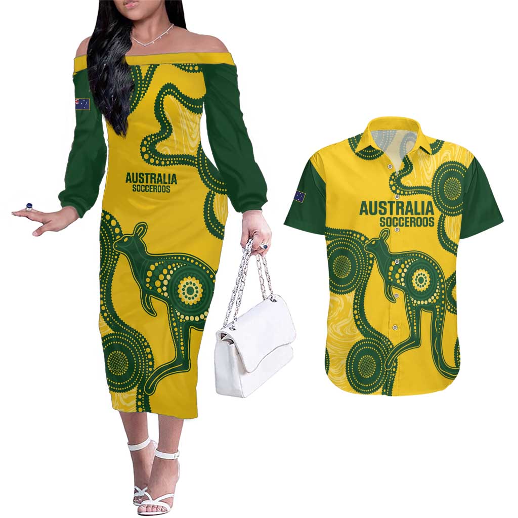 Custom Australia Soccer Couples Matching Off The Shoulder Long Sleeve Dress and Hawaiian Shirt Go Socceroos Kangaroo With Indigenous Art