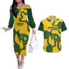 Custom Australia Soccer Couples Matching Off The Shoulder Long Sleeve Dress and Hawaiian Shirt Go Socceroos Kangaroo With Indigenous Art