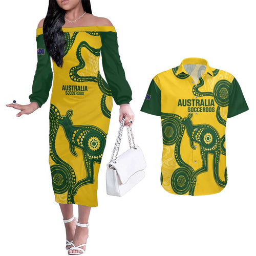 Custom Australia Soccer Couples Matching Off The Shoulder Long Sleeve Dress and Hawaiian Shirt Go Socceroos Kangaroo With Indigenous Art