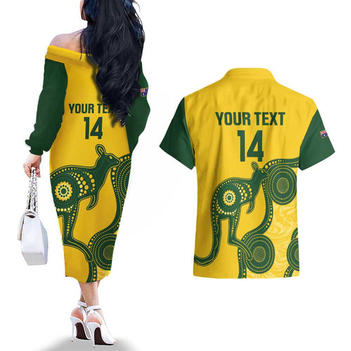 Custom Australia Soccer Couples Matching Off The Shoulder Long Sleeve Dress and Hawaiian Shirt Go Socceroos Kangaroo With Indigenous Art