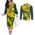 Custom Australia Soccer Couples Matching Off The Shoulder Long Sleeve Dress and Long Sleeve Button Shirt Go Socceroos Kangaroo With Indigenous Art