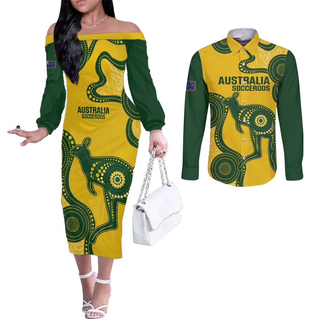 Custom Australia Soccer Couples Matching Off The Shoulder Long Sleeve Dress and Long Sleeve Button Shirt Go Socceroos Kangaroo With Indigenous Art