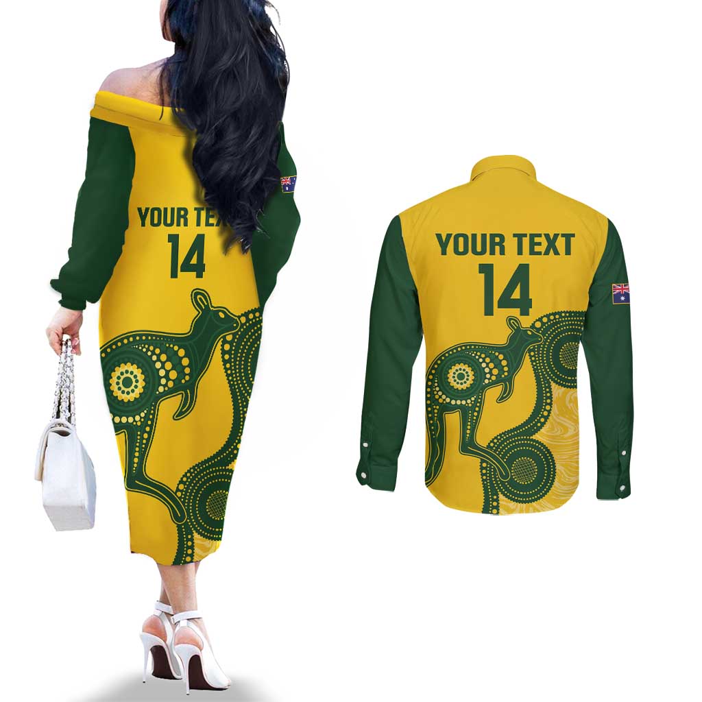 Custom Australia Soccer Couples Matching Off The Shoulder Long Sleeve Dress and Long Sleeve Button Shirt Go Socceroos Kangaroo With Indigenous Art