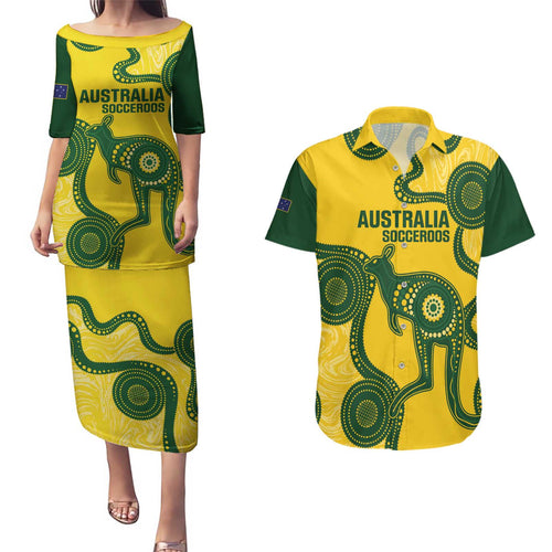 Custom Australia Soccer Couples Matching Puletasi and Hawaiian Shirt Go Socceroos Kangaroo With Indigenous Art