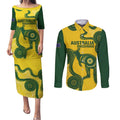 Custom Australia Soccer Couples Matching Puletasi and Long Sleeve Button Shirt Go Socceroos Kangaroo With Indigenous Art