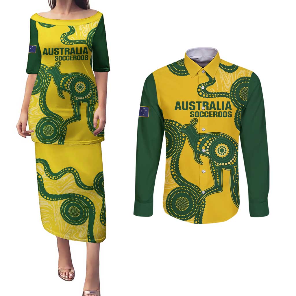 Custom Australia Soccer Couples Matching Puletasi and Long Sleeve Button Shirt Go Socceroos Kangaroo With Indigenous Art