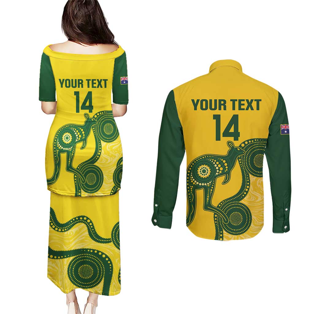Custom Australia Soccer Couples Matching Puletasi and Long Sleeve Button Shirt Go Socceroos Kangaroo With Indigenous Art