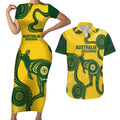 Custom Australia Soccer Couples Matching Short Sleeve Bodycon Dress and Hawaiian Shirt Go Socceroos Kangaroo With Indigenous Art