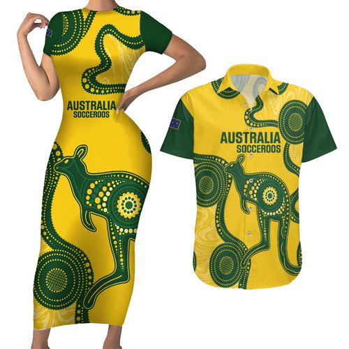 Custom Australia Soccer Couples Matching Short Sleeve Bodycon Dress and Hawaiian Shirt Go Socceroos Kangaroo With Indigenous Art