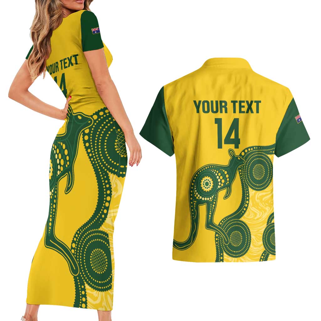 Custom Australia Soccer Couples Matching Short Sleeve Bodycon Dress and Hawaiian Shirt Go Socceroos Kangaroo With Indigenous Art