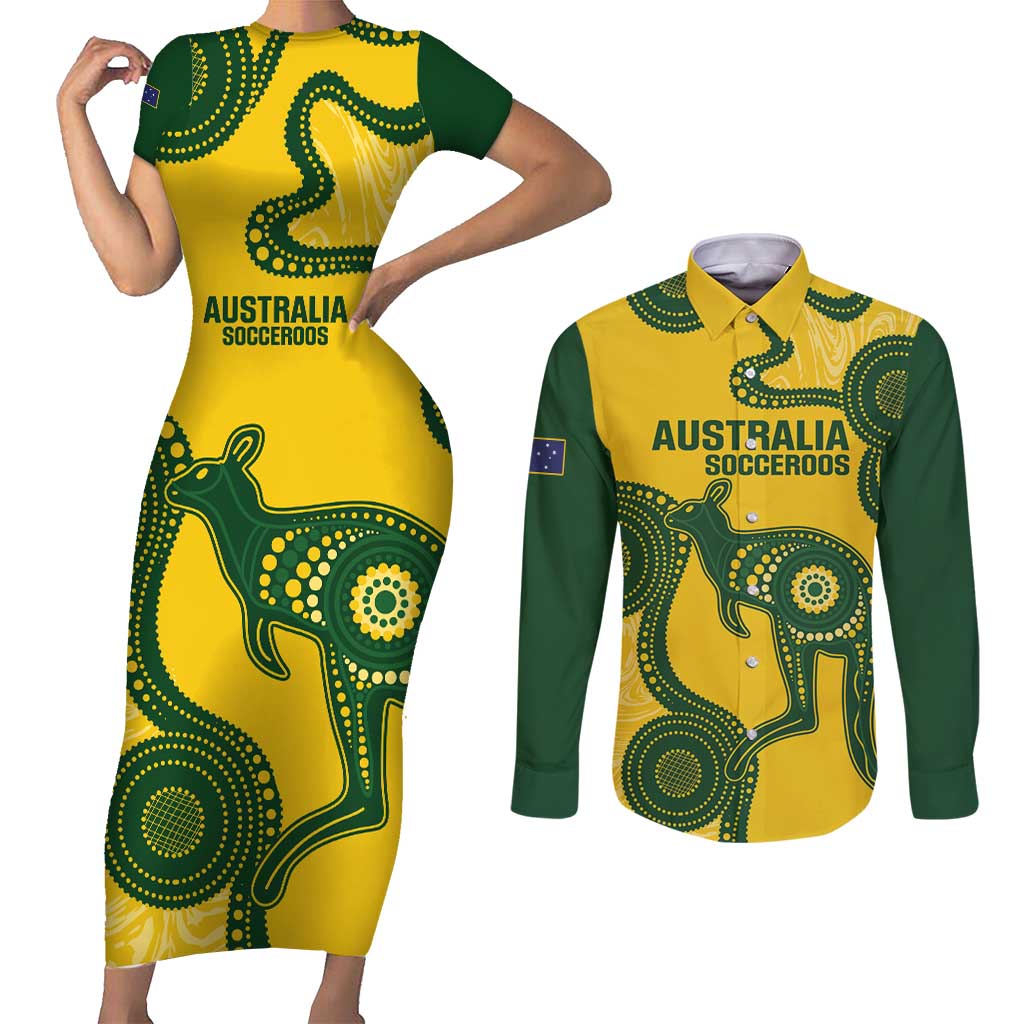 Custom Australia Soccer Couples Matching Short Sleeve Bodycon Dress and Long Sleeve Button Shirt Go Socceroos Kangaroo With Indigenous Art