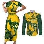 Custom Australia Soccer Couples Matching Short Sleeve Bodycon Dress and Long Sleeve Button Shirt Go Socceroos Kangaroo With Indigenous Art