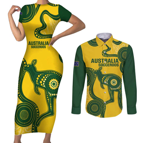 Custom Australia Soccer Couples Matching Short Sleeve Bodycon Dress and Long Sleeve Button Shirt Go Socceroos Kangaroo With Indigenous Art