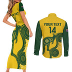 Custom Australia Soccer Couples Matching Short Sleeve Bodycon Dress and Long Sleeve Button Shirt Go Socceroos Kangaroo With Indigenous Art
