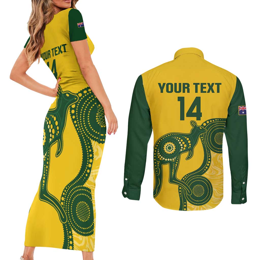 Custom Australia Soccer Couples Matching Short Sleeve Bodycon Dress and Long Sleeve Button Shirt Go Socceroos Kangaroo With Indigenous Art