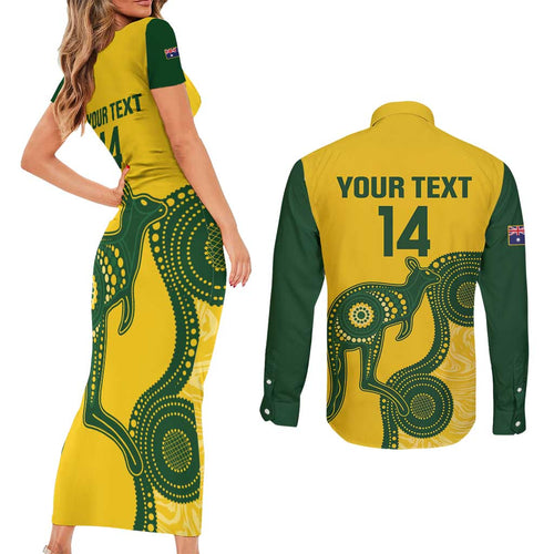 Custom Australia Soccer Couples Matching Short Sleeve Bodycon Dress and Long Sleeve Button Shirt Go Socceroos Kangaroo With Indigenous Art