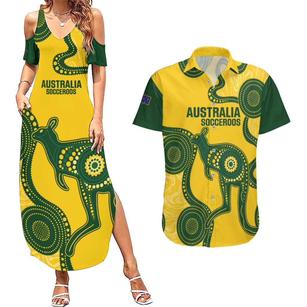 Custom Australia Soccer Couples Matching Summer Maxi Dress and Hawaiian Shirt Go Socceroos Kangaroo With Indigenous Art