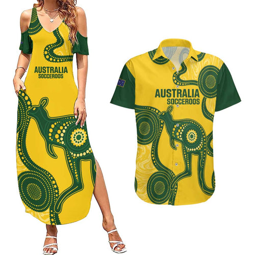 Custom Australia Soccer Couples Matching Summer Maxi Dress and Hawaiian Shirt Go Socceroos Kangaroo With Indigenous Art