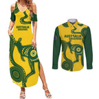 Custom Australia Soccer Couples Matching Summer Maxi Dress and Long Sleeve Button Shirt Go Socceroos Kangaroo With Indigenous Art