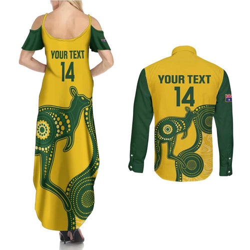 Custom Australia Soccer Couples Matching Summer Maxi Dress and Long Sleeve Button Shirt Go Socceroos Kangaroo With Indigenous Art