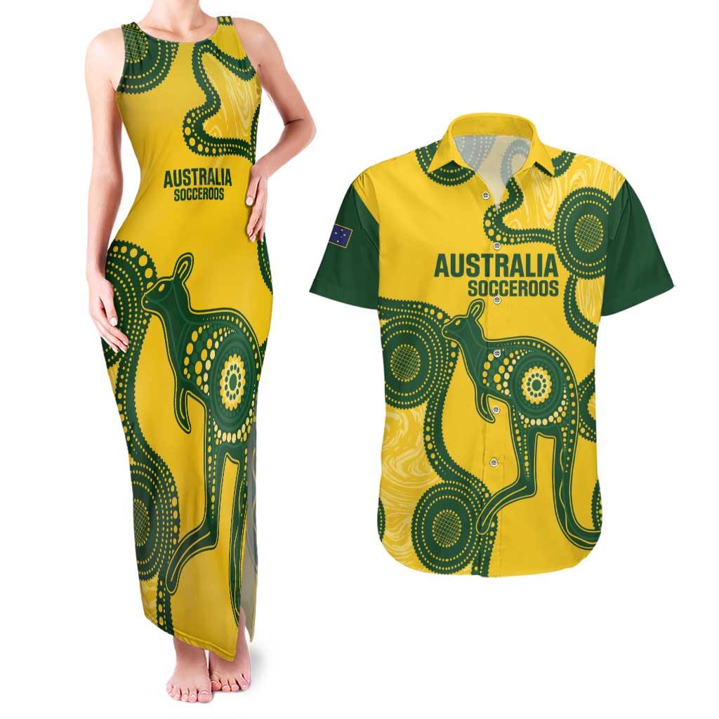 Custom Australia Soccer Couples Matching Tank Maxi Dress and Hawaiian Shirt Go Socceroos Kangaroo With Indigenous Art