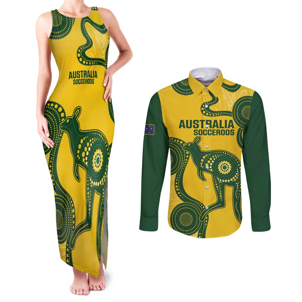 Custom Australia Soccer Couples Matching Tank Maxi Dress and Long Sleeve Button Shirt Go Socceroos Kangaroo With Indigenous Art