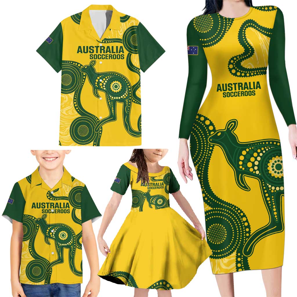 Custom Australia Soccer Family Matching Long Sleeve Bodycon Dress and Hawaiian Shirt Go Socceroos Kangaroo With Indigenous Art