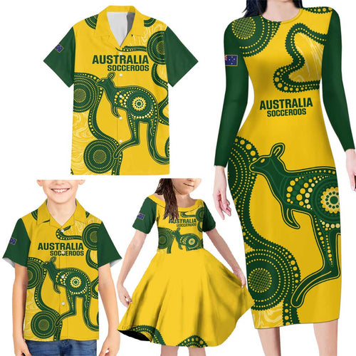 Custom Australia Soccer Family Matching Long Sleeve Bodycon Dress and Hawaiian Shirt Go Socceroos Kangaroo With Indigenous Art