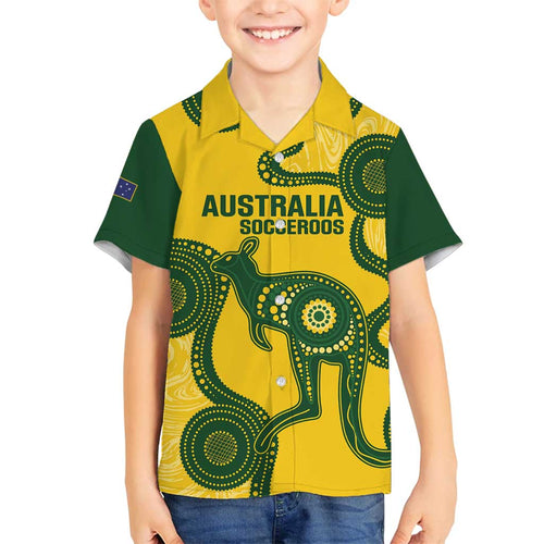Custom Australia Soccer Family Matching Long Sleeve Bodycon Dress and Hawaiian Shirt Go Socceroos Kangaroo With Indigenous Art